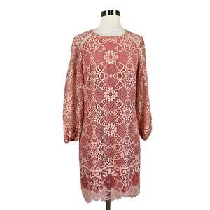 Vince Camuto Lace Long Sleeve Mini Shift Dress Coral Pink Size 8 Colorful Cotton